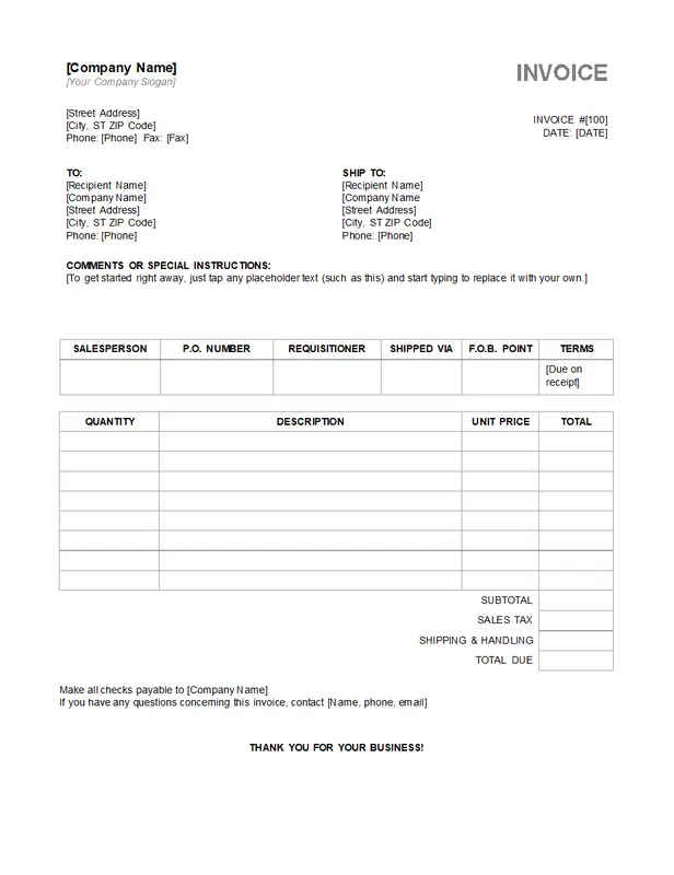 Professional Invoice Template in Word Doc